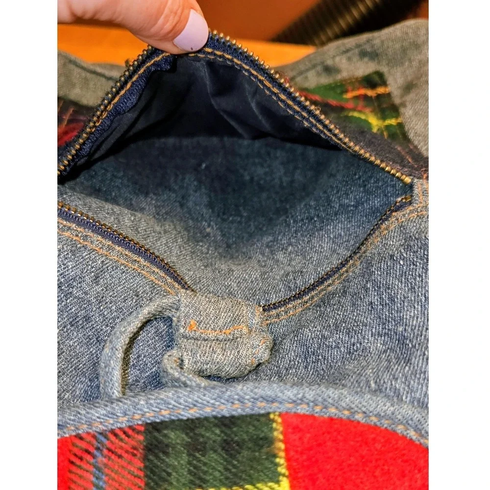 Classic Traditions‎ Vintage Denim Patchwork Backpack Plaid Rucksack Blue Medium